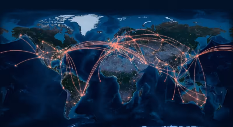Night map of Earth with glowing network lines connecting cities worldwide